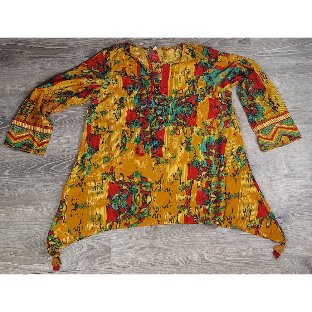 Global Desi Tunic‎ Top XL Boho Ethnic Print Tassel Hem Viscose 3/4 Sleeve Indian